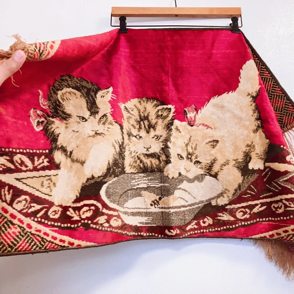 Vintage Red Velvet Bohemian Cats Kittens Belgium Tapestry Wall Hanging Rug Art